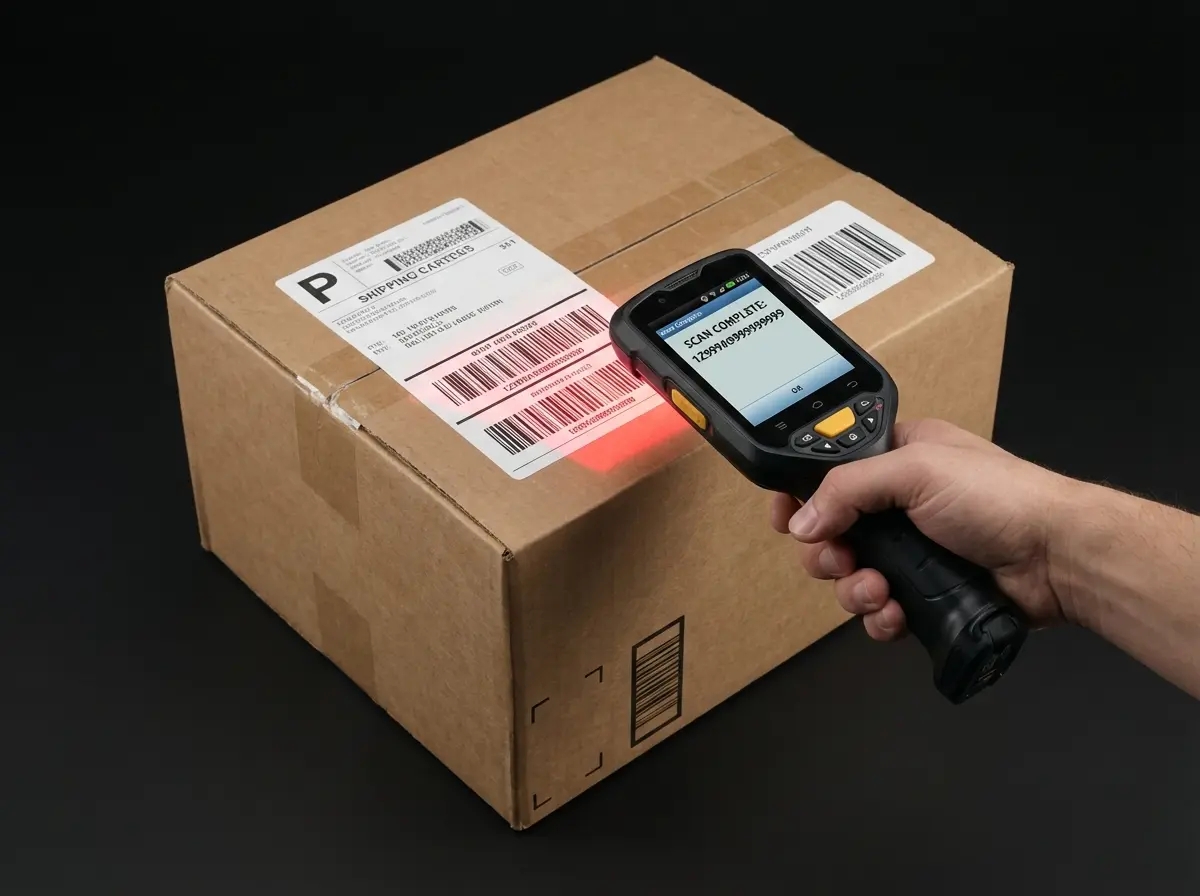 Barcode scanner scanning a warehouse package
