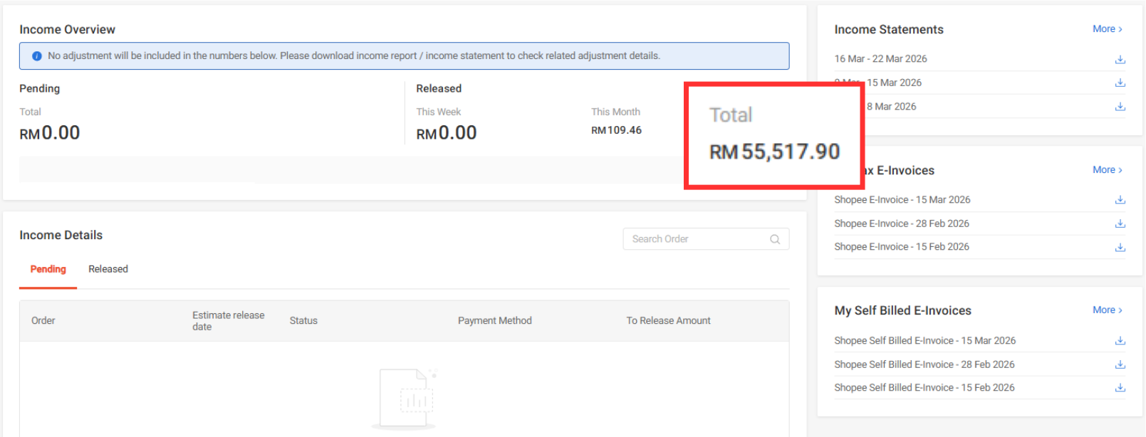 Client Shopee income overview: RM 55,517 within 1 year
