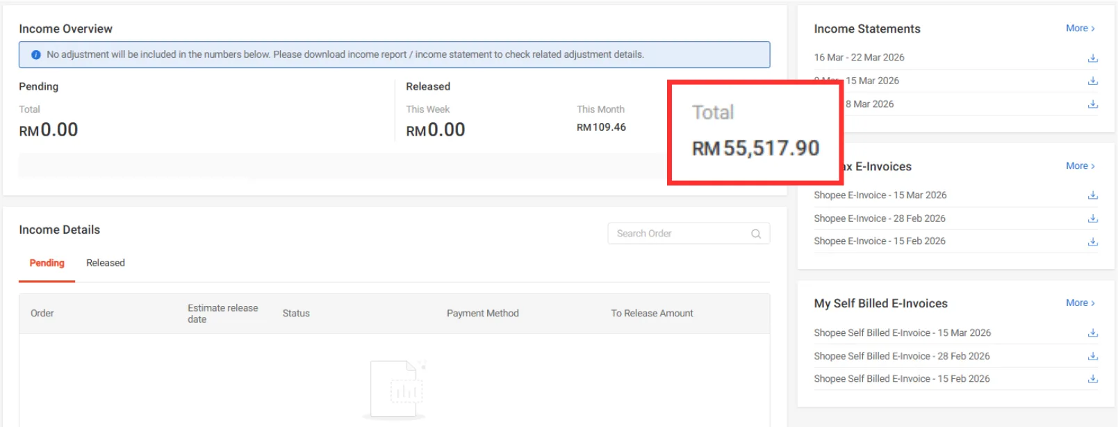 Client Shopee income overview: RM 55,517 within 1 year