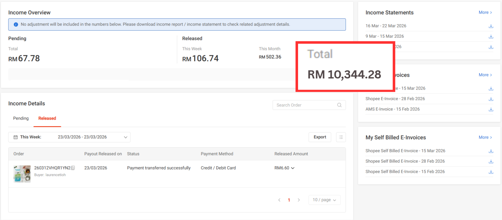 Client Shopee income overview: RM 10,344 within 2 months