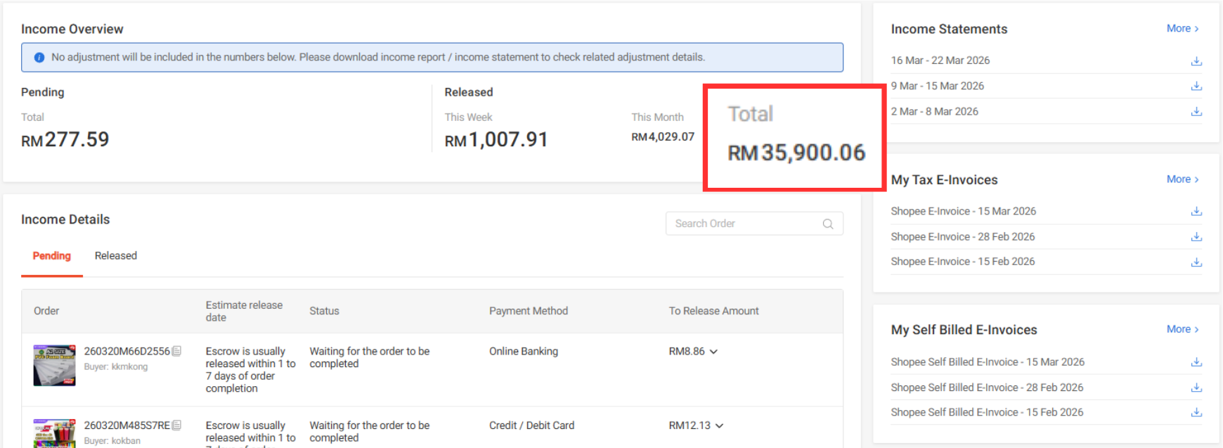 Client Shopee income overview: RM 35,900 within 6 months